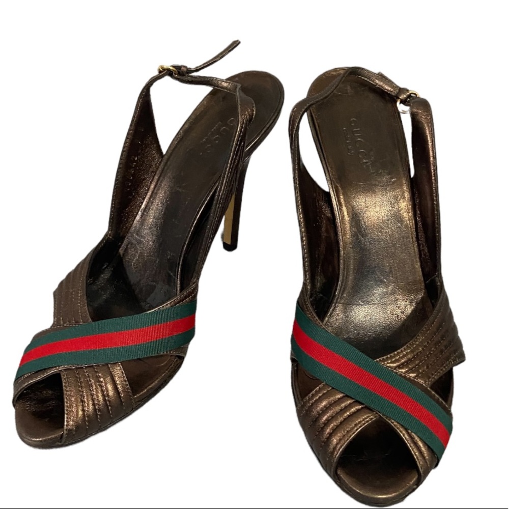 Gucci heels shoes pumps stiletto slip in sandals authentic web peep open toe